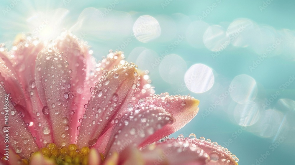 Serene Pink Flower with Dew Drops and Sunlight - Nature's Beauty and Freshness Serene Pink Flower with Dew Drops and Sunlight - Nature's Beauty and Freshness