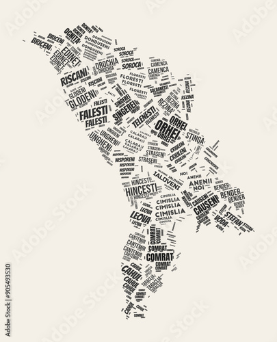 Moldova Word Cloud. Country with regions division. Moldova typographic text clouds vector image design. Vintage gazette style country shape image. Stylish vector illustration.