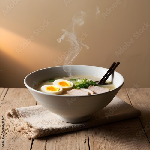  Creamy Bowl Of Ramen With Soft-Boiled Eggs And Pork Slices A Restaurant Food Menu Image
