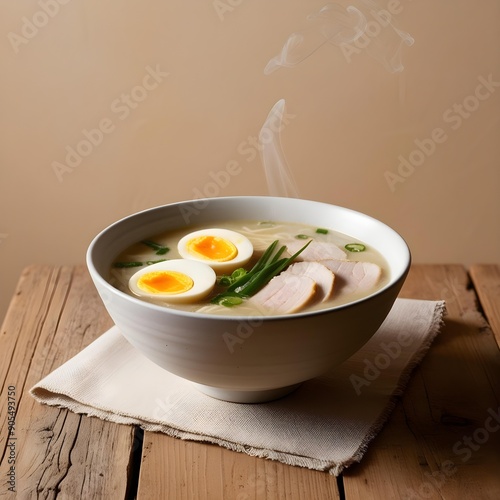  Creamy Bowl Of Ramen With Soft-Boiled Eggs And Pork Slices A Restaurant Food Menu Image