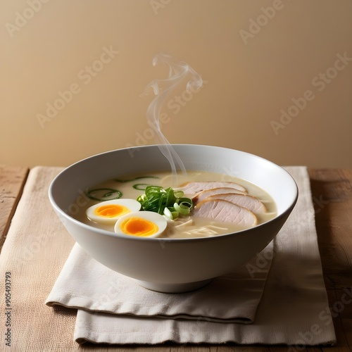  Creamy Bowl Of Ramen With Soft-Boiled Eggs And Pork Slices A Restaurant Food Menu Image