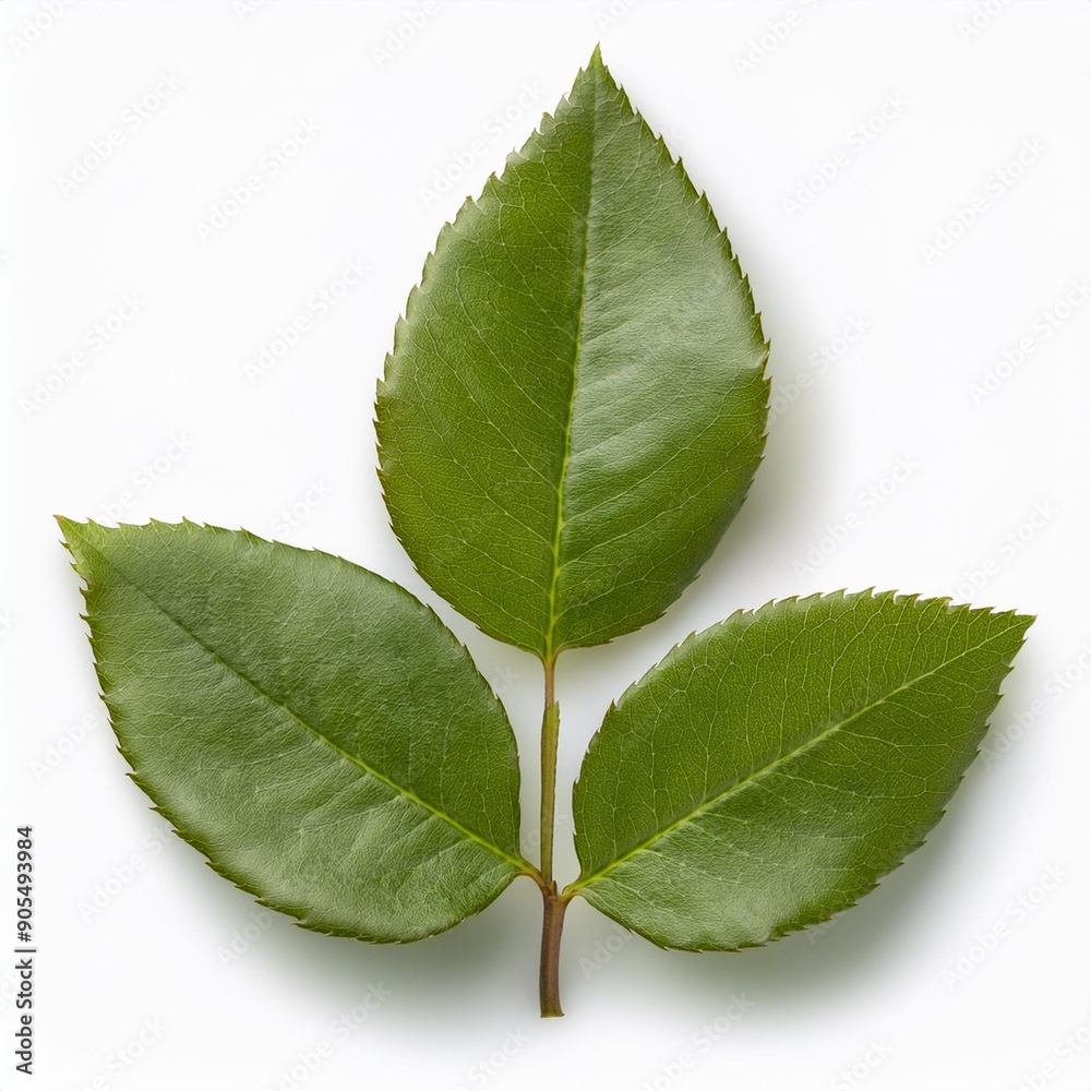 Obraz premium Trio of green leaves with smooth, glossy surfaces and serrated edges, arranged in a natural pattern on a white background. Ideal for botanical illustrations, natural designs and eductational materials