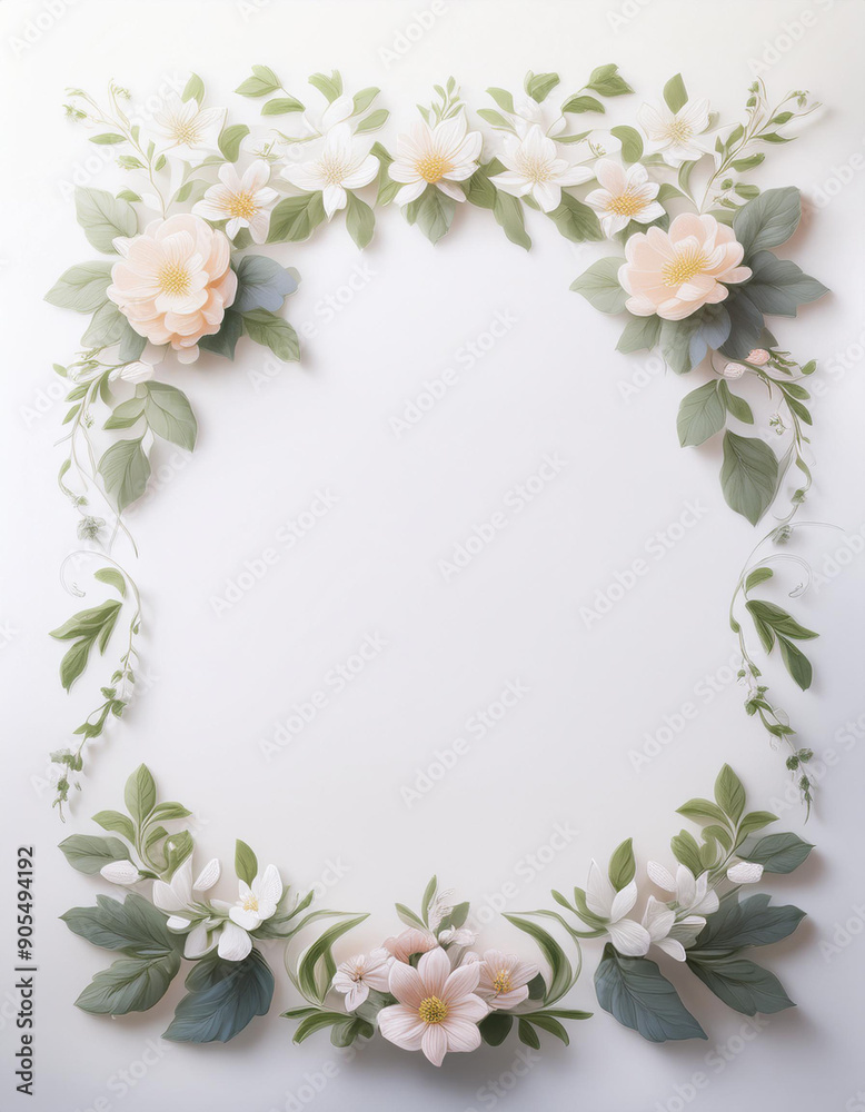 A  delicate floral border with soft very light white pink flowers and green leaves, creating an elegant frame. It is ideal for invitations, wedding stationery, and greeting cards.