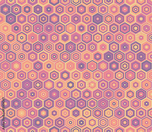 Pattern of hexagon shapes. Hexagon stacked mosaic background. Hexagon cells. Multiple tones color palette. Seamless pattern. Tileable vector illustration.