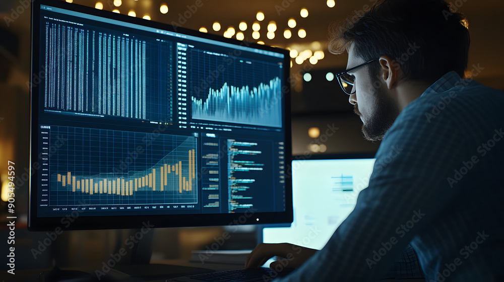 Professional in Close-Up Analyzing Model Validation Results on Computer Screen with Intricate Graphs and Data, Set in a Dimly Lit Minimalist Office Professional in Close-Up Analyzing Model Validation Results on Computer Screen with Intricate Graphs and Data, Set in a Dimly Lit Minimalist Office