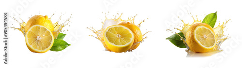 Juicy Lemon Collection with Splash Effect on Transparent Background. Perfect for Food and Drink Illustrations