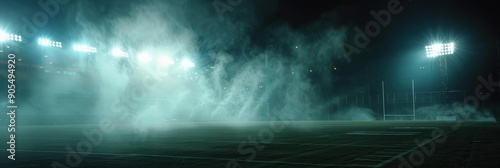 Lights And Smoke at Stadium. Night Leisure with Fog and Tower in Kickass Atmosphere photo