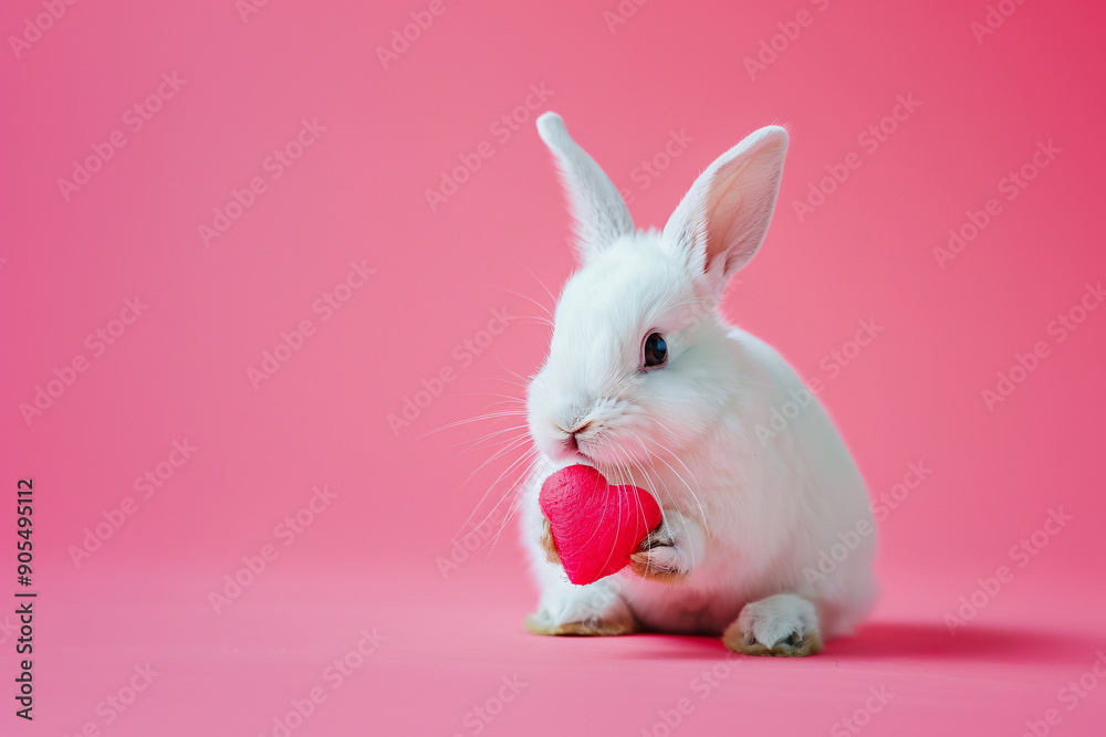 Cute white bunny holding small pink heart in front of pastel pink background with copy space