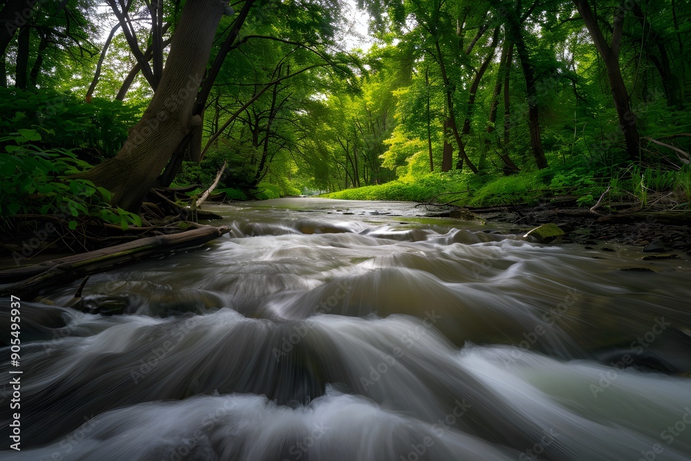 Serene river flowing through lush green forest, creating a tranquil ambiance. Serene river flowing through lush green forest, creating a tranquil ambiance.