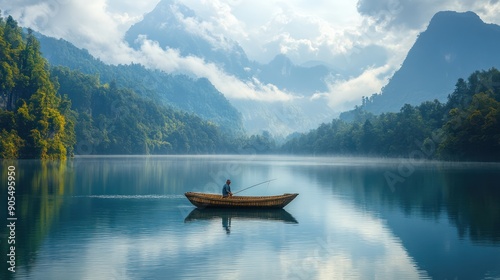 Wallpaper Mural A lake surrounded by mountains, a straw boat in the lake, a man fishing on the boat Torontodigital.ca