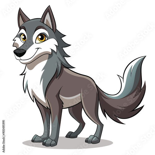 Cartoon Gray Wolf with Yellow Eyes and a Friendly Smile