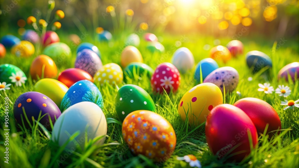 A festive scene of colorful Easter eggs nestled in green grass, bathed in warm sunlight. The eggs symbolize new beginnings, hope, joy, spring, and the celebration of Easter.