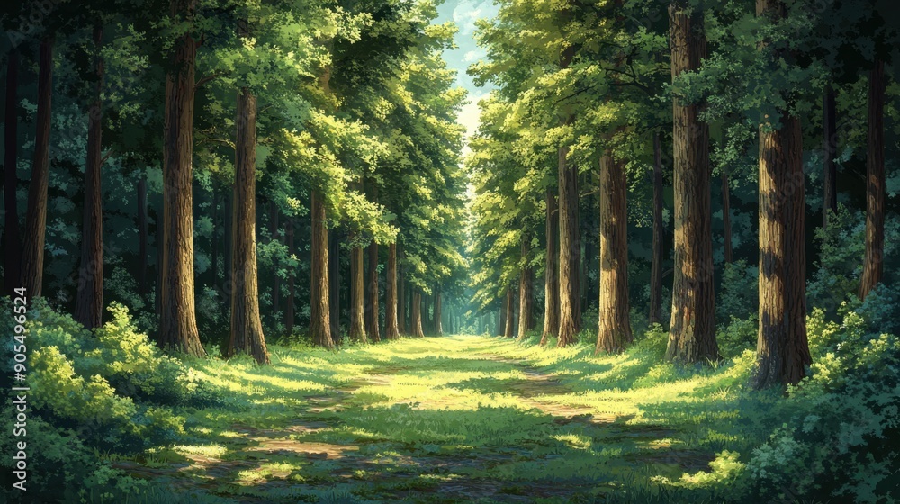 Fototapeta premium Peaceful forest clipart with tall trees and dappled sunlight, creating a serene and tranquil atmosphere.