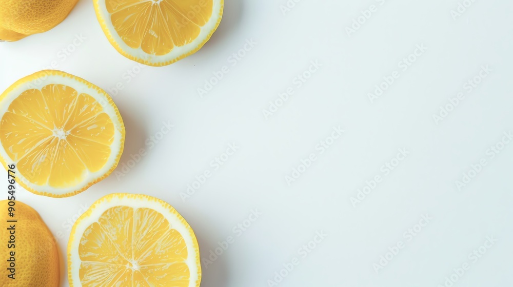 Freshly sliced lemons arranged on a white background, highlighting their vibrant color and juicy texture, perfect for culinary use.