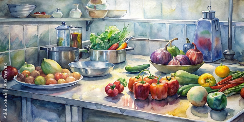 Fresh vegetables and fruits are artfully arranged on a stainless steel countertop amidst kitchen utensils and appliances in a bustling restaurant kitchen setting. Fresh vegetables and fruits are artfully arranged on a stainless steel countertop amidst kitchen utensils and appliances in a bustling restaurant kitchen setting.