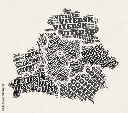 Belarus Word Cloud. Country with regions division. Belarus typographic text clouds vector image design. Vintage gazette style country shape image. Awesome vector illustration.