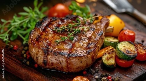 Grilled Steak with Vegetables on Wooden Board