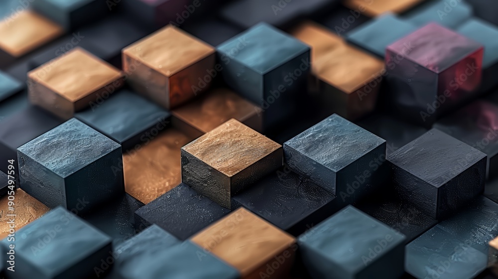 Abstract pattern of wooden cubes in blue, brown and purple tones. Abstract pattern of wooden cubes in blue, brown and purple tones.