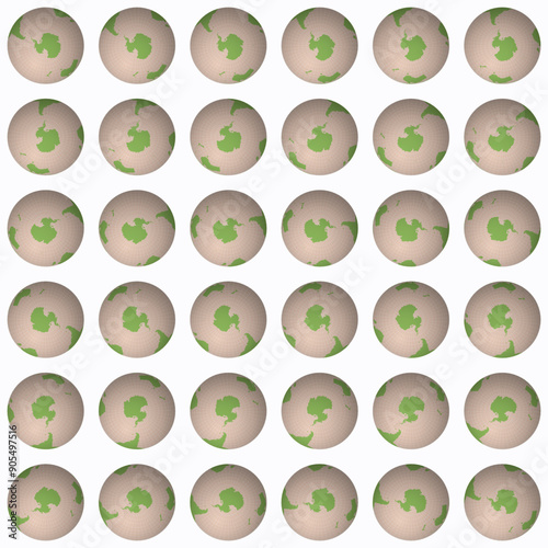 Collection of planet globes. South pole sphere view. Rotation step 10 degrees. Solid color style. World map with dense graticule lines on pastel background. Emotional vector illustration.