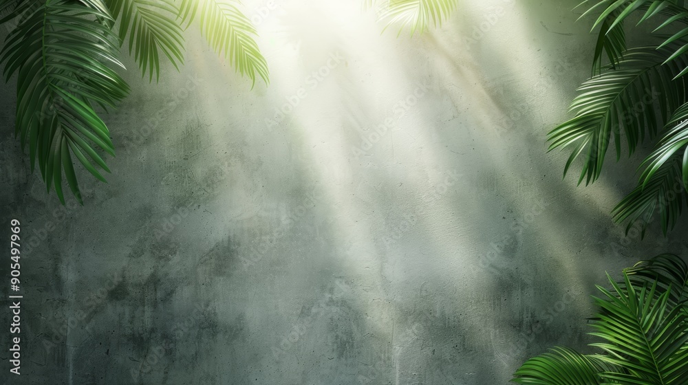 Fototapeta premium Sunbeams breaking through dense jungle foliage, illuminating a misty, gray wall.