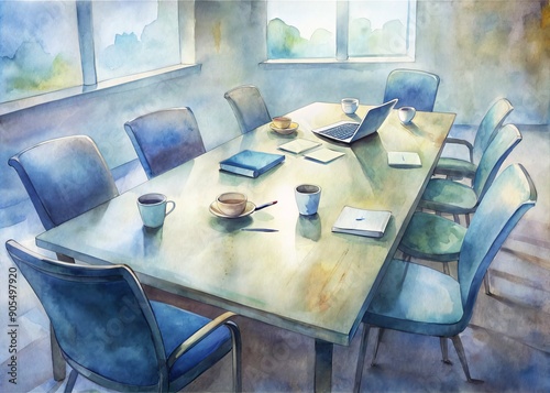 Empty conference room table with scattered notepads, pens, and laptops, surrounded by vacant chairs, during a coffee break, with refreshments on a side table. photo