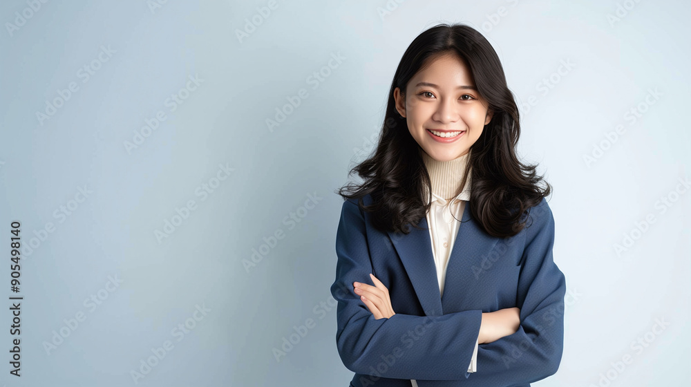young asian woman, smiling with arms crossed. business suit, white shirt, white background. indonesian women young asian woman, smiling with arms crossed. business suit, white shirt, white background. indonesian women