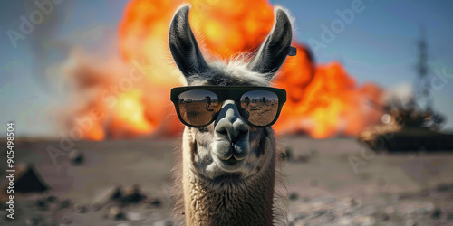 Cool Llama with Sunglasses, a llama wearing sunglasses, with a dramatic nuclear explosion in the background. The llama's calm demeanor combines humor with intensity for an eye-catching visual.