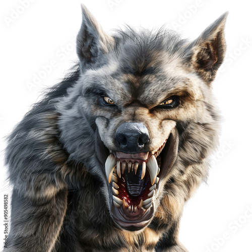 PNG A fierce and intimidating wolf with a powerful stance, showcasing sharp teeth and intense eyes. photo