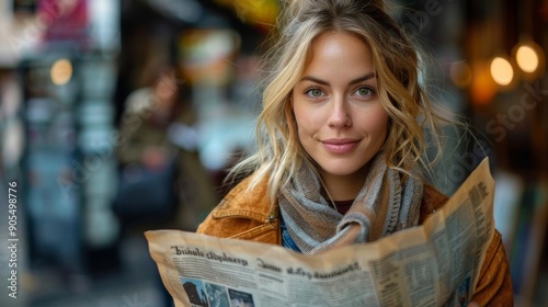 Young Woman Reading Newspaper While Smiling in Cozy Urban Cafe in the Morning