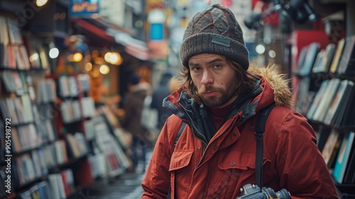 Young Man Holding Camera Wanders Through Vibrant Bookstore Alley on a Crisp Autumn Day