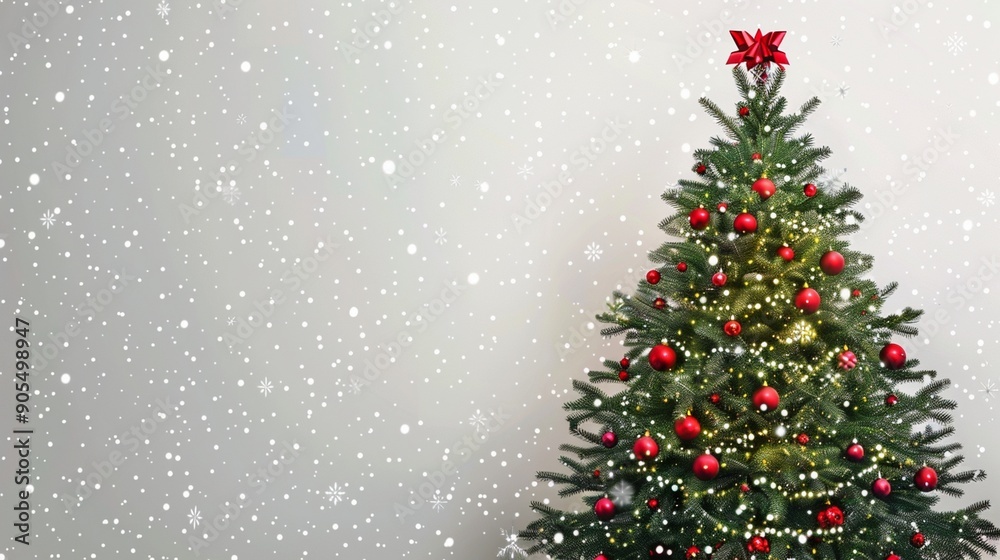 Festive Christmas Tree with Red Ornaments and Snowfall Background