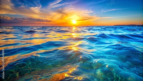 A serene scene of a calm ocean reflecting the golden light of a setting sun, symbolizing peace, tranquility, beauty, nature, and the end of a day.