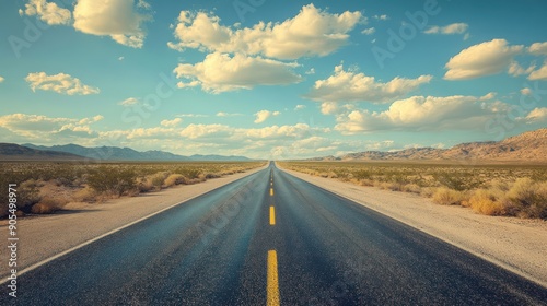 mirror view, desert highway, sunny day, blue sky, clouds, blurred background, vintage American road trip