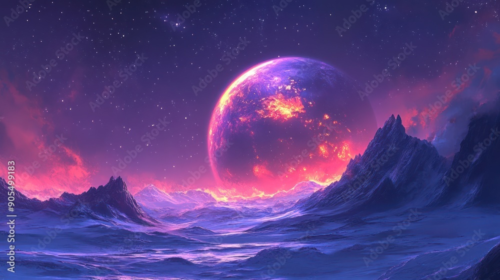 planet landscape digital painting, spectacular night scene, space, universe, fantastic lighting planet landscape digital painting, spectacular night scene, space, universe, fantastic lighting