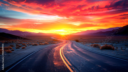 A highway at sunset in the desert, with the sky turning shades of orange and pink