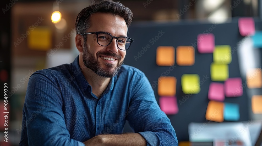 A thoughtful man in glasses smiles while reflecting on ideas in a creative workspace filled with colorful sticky notes. A thoughtful man in glasses smiles while reflecting on ideas in a creative workspace filled with colorful sticky notes.