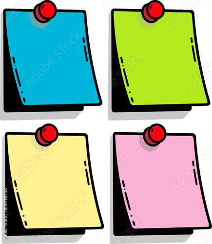 Bloco de notas minimalista, bilhetes afixado com fixador vermelho, cores amarela, verde, azul e rosa com contorno preto