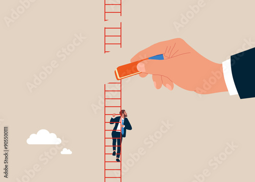 Businessman removed ladder with eraser. Business failure. Investor losing money or job position demote. Flat vector illustration