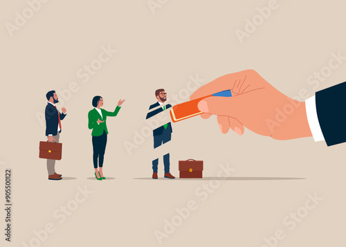 Businessman removed employee with eraser. Losing job, unemployment, finance crisis. Modern vector illustration in flat style