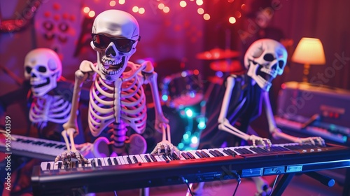 Cheerful skeletons playing a synthesizer against the background of a musical drum set. An instrumental group of skeletons performing on a stage illuminated by bright disco lights.