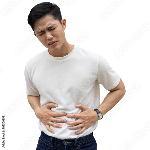 close up young employee asian man touch on abdominal after feel stomachache or diarrheas symptom with isolated on white background for healthcare and png design concept photo