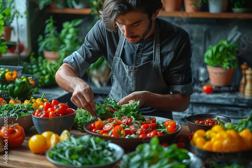 Talented Chef Preparing Fresh Salad With Vibrant Vegetables in Cozy Kitchen Setting