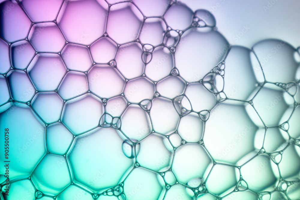 Fototapeta premium Abstract background bio technology, macro photography foam and water with gradient background. Molecule multicolor backgorund