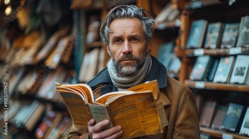 Man Holding Open Book In Cozy Bookstore Surrounded By Vintage Literature