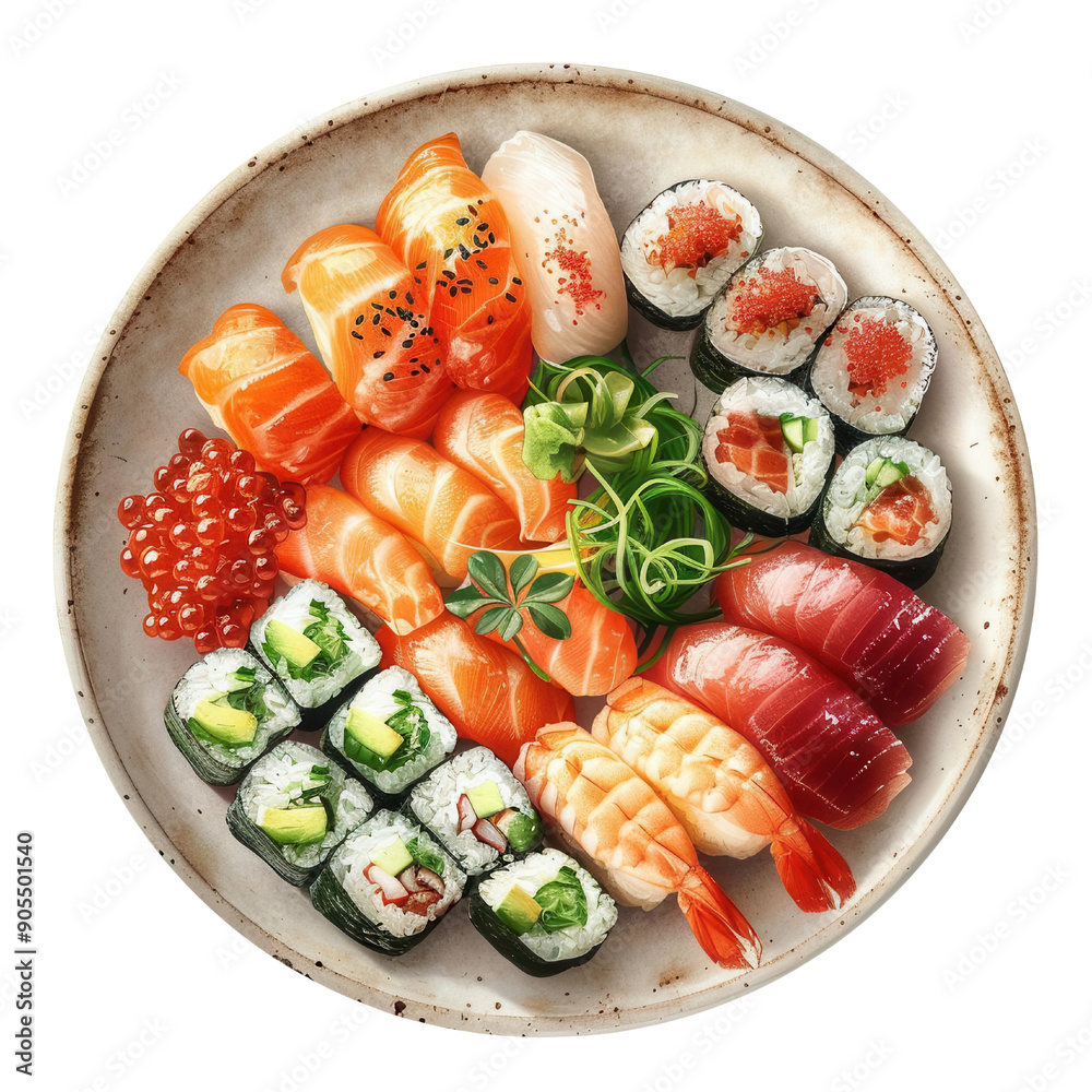 PNG A vibrant sushi platter featuring a variety of colorful nigiri and maki rolls, beautifully arranged on a ceramic plate. PNG A vibrant sushi platter featuring a variety of colorful nigiri and maki rolls, beautifully arranged on a ceramic plate.