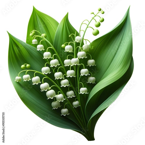Generative AI  Vector graphic of a lily of the valley flower, featuring intricate details of the white blossoms and green foliage.
