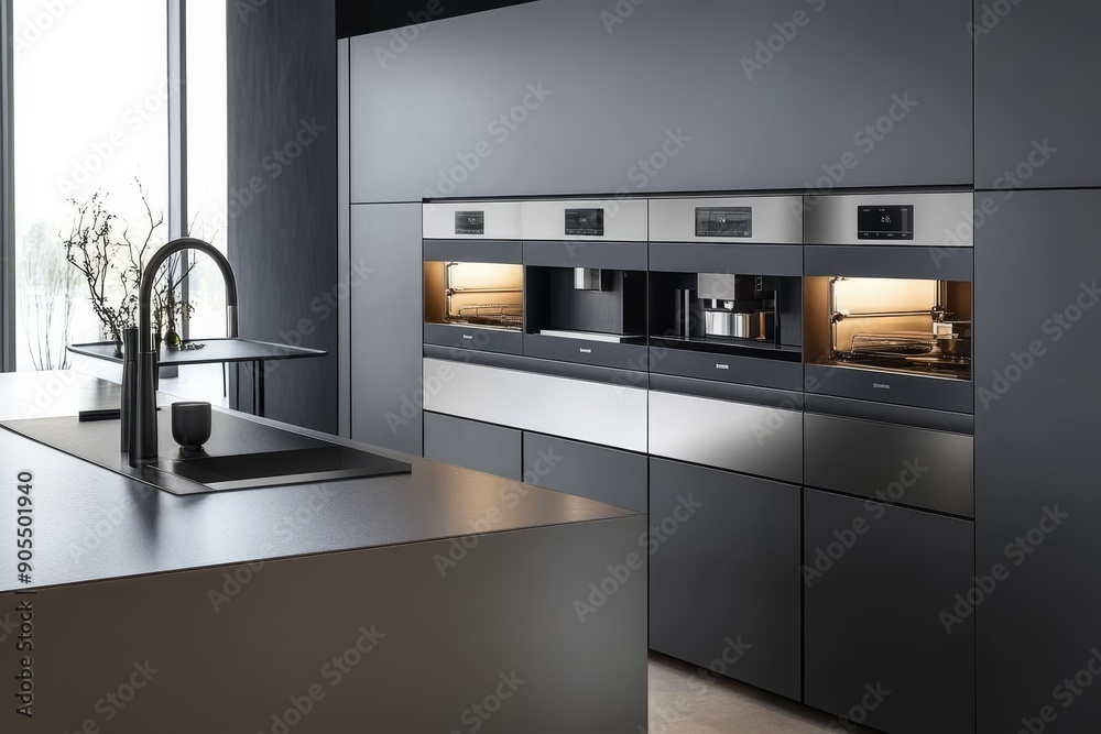 Sleek Minimalist Kitchen with Energy-Efficient Appliances for Smart Living. Sleek Minimalist Kitchen with Energy-Efficient Appliances for Smart Living.