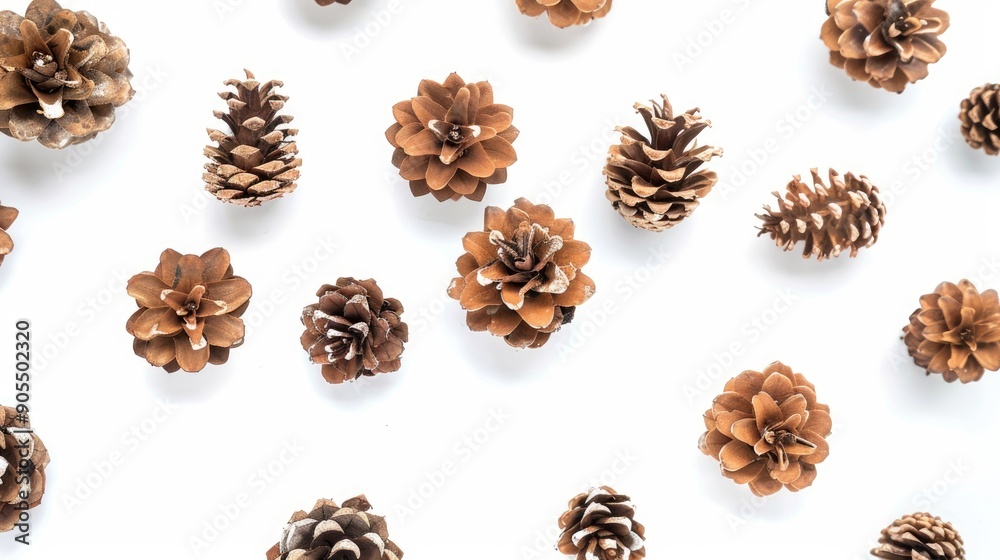 Brown pine cones on a white background for Christmas party decorations Brown pine cones on a white background for Christmas party decorations