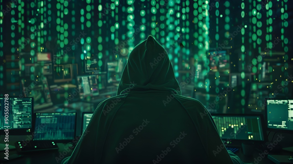 Hacker in dark room surrounded by code Hacker in dark room surrounded by code