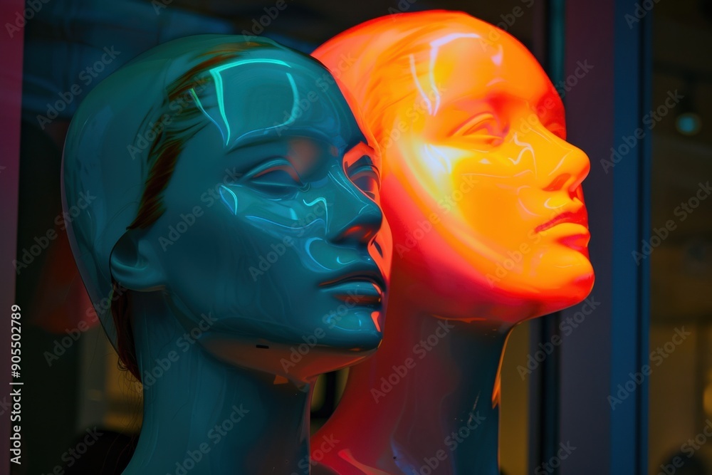 Obraz premium Mannequin Heads. Fashion Display with Colorful Illumination for Trendy Background